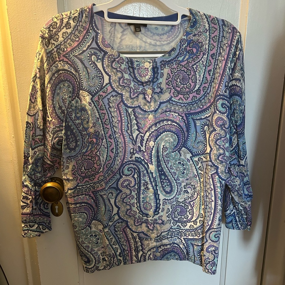 Talbots Paisley Henley Sweater - Lavender, Teal, Blue